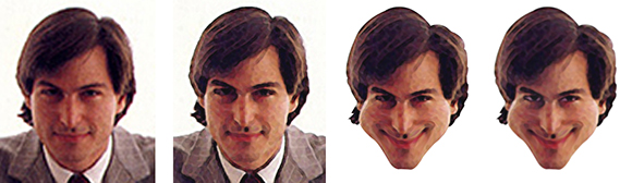 Head and shoulders of Steve Jobs in his youthful prime, before and after images showing effects of Liquify and Median filters, and History Brush