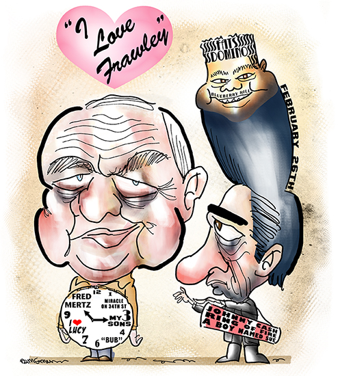 Birthday tribute illustration featuring caricatures of actor William Frawley who played Fred Mertz on I Love Lucy, country singer Johnny Cash, and rhythm and blues singer Fats Domino, all born on February 26th