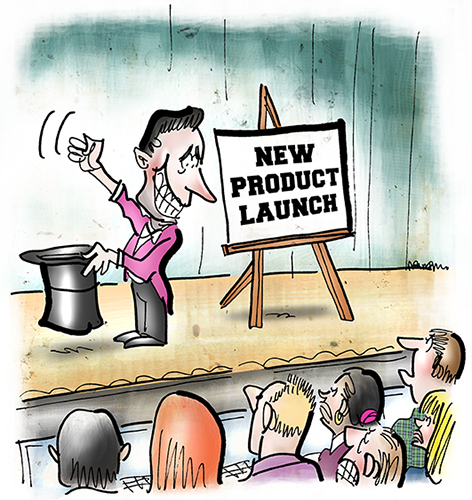cartoon illustration for blog post about reporters attending hi-tech computer product new release press conference and frustration of finding no real news because product details already leaked to some media outlet