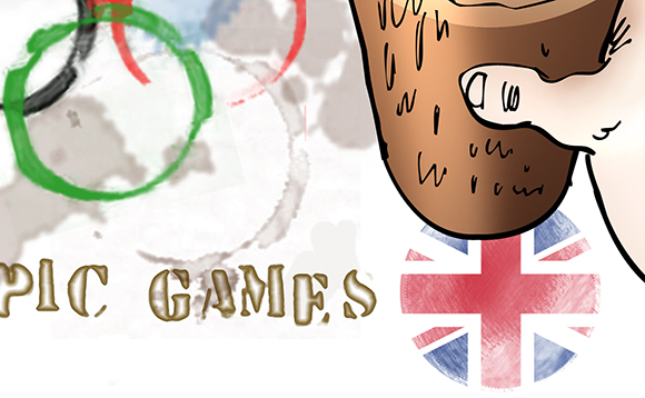 detail image from humorous illustration for 2012 Olympic Games, showing the 5 interlocking colored Olympic rings as moisture stain rings made by glass of dark Guinness style beer which has a little Olympic swimmer swimming in the beer foam and a Union Jack flag coaster