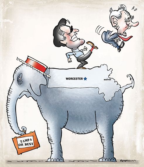 cover illustration for Worcester Magazine alternative newsweekly showing United States presidential candidate Mitt Romney kicking Ron Paul off the back of an elephant with map of Massachusetts and suitcase referencing delegates going to Republican National Convention in Tampa, Florida