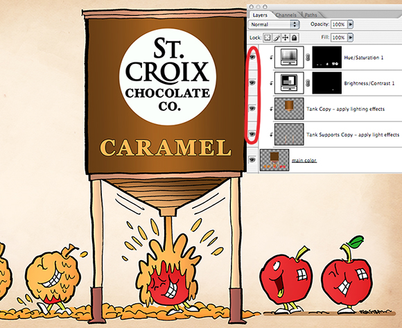 humorous illustration for St. Croix Chocolate Company showing apples walking under big tank of caramel sauce, getting squirted and becoming happy caramel apples, with Photoshop Layers Window showing how color and lighting effects were applied
