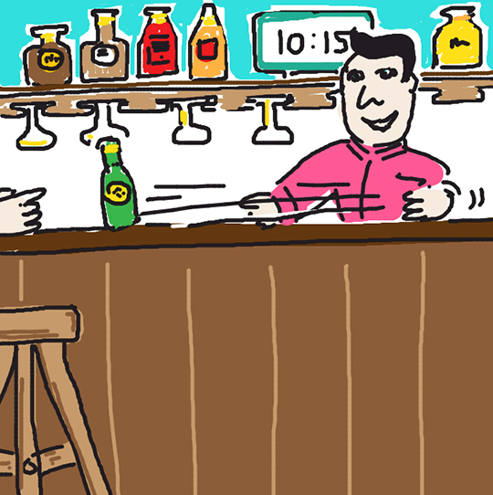 Draw Something image for word BARSTOOL showing bartender sliding bottle of beer down bar with bottles and cocktail glasses in background and barstool in foreground