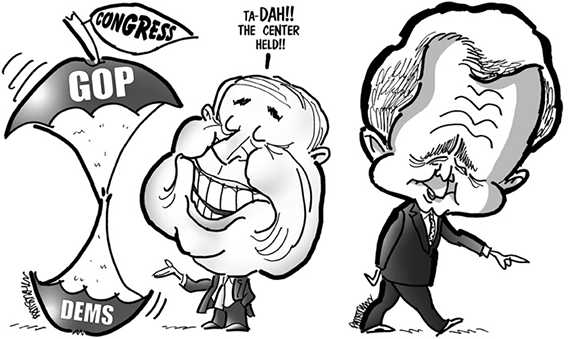 caricatures of United States Senator John McCain standing next to apple core representing Congress, and former President George W. Bush