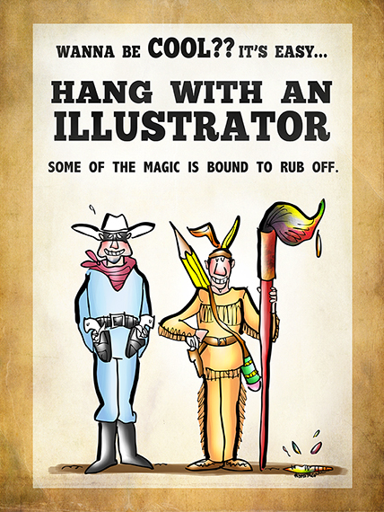 FAA Fine Art America poster Lone Ranger and Tonto, good guy icons of American wild west pop culture, Ranger is cool because he's hanging out with an illustrator, namely Tonto with pencil and Indian Paintbrush