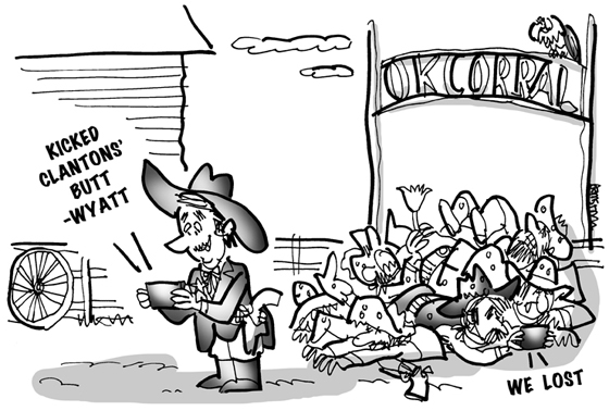 cartoon showing Wyatt Earp at O.K. Corral texting message "Kicked Clantons' butt" while Ike Clanton is lying in pile of bodies and texting "We lost"