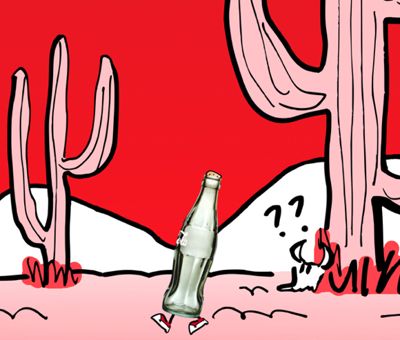 deatil image Coke bottle walking across desert passing pink cacti cow's skull vultures in red sky with white Coca-Cola stripe