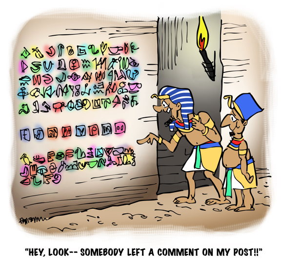Cartoon showing ancient Egyptians looking at hieroglyphics on wall representing blog post, social media share icons, and comment someone left on post