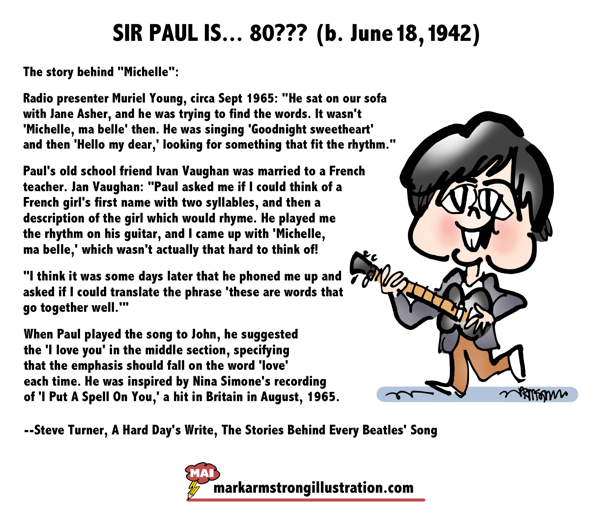 Caricature of former Beatle Paul McCartney in honor of his 80th birthday along with the story of how he came to write the song "Michelle"